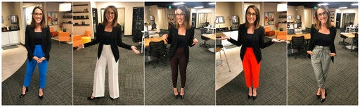 This combination of photos provided by Maggie Vespa shows Vespa, a weekend news anchor and TV reporter at NBC affiliate KGW-TV in Portland, Oregon, wearing a variety of high-waisted pants she wore for five separate news casts over the weekend. Vespa wore the pants after a male viewer told her to “dress like a normal woman” in a message sent to her Facebook work account. She wanted to draw attention to the pressure that women who work in the public eye face on a daily basis. (Maggie Vespa via AP)