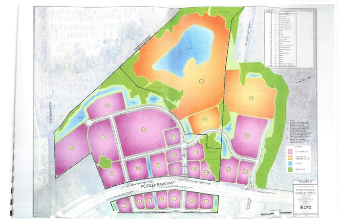 On Monday, Pooler Planning and Zoning Board recommended approval of a master infrastructure plan for The Ryals & Morgan Tracts, located off Pooler Parkway and S.H. Morgan Parkway. This conceptual site plan was shows the planned use of the development. [Courtesy Thomas and Hutton]