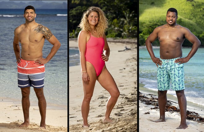 Aaron Meredith, left, Elizabeth Beisel and Jamal Shipman compete on "Survivor: Island of the Idols." [Robert Voets/CBS Entertainment]