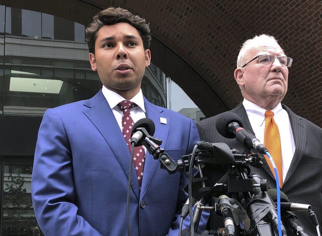 Fall River Mayor Jasiel Correia speaks beside his attorney Kevin Reddington outside the federal courthouse, Friday, Sept. 6, 2019, in Boston, after his appearance on bribery, extortion and fraud charges. Correia pleaded not guilty. (AP Photo/Philip Marcelo)