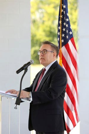 Environmental Protection Agency director Andrew Wheeler speaks about the release of the final report of the national Superfund Task Force on Monday at Southside Community Park in Chattanooga, Tenn
