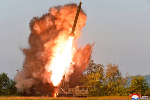 This Tuesday, Sept. 10, 2019, photo provided by the North Korean government shows a test-firing from a multiple rocket launcher at an undisclosed location in North Korea. KCNA reports North Korean leader Kim Jong Un visited the site. The content of this image is as provided and cannot be independently verified. Korean language watermark on image as provided by source reads: "KCNA" which is the abbreviation for Korean Central News Agency. (Korean Central News Agency/Korea News Service via AP)