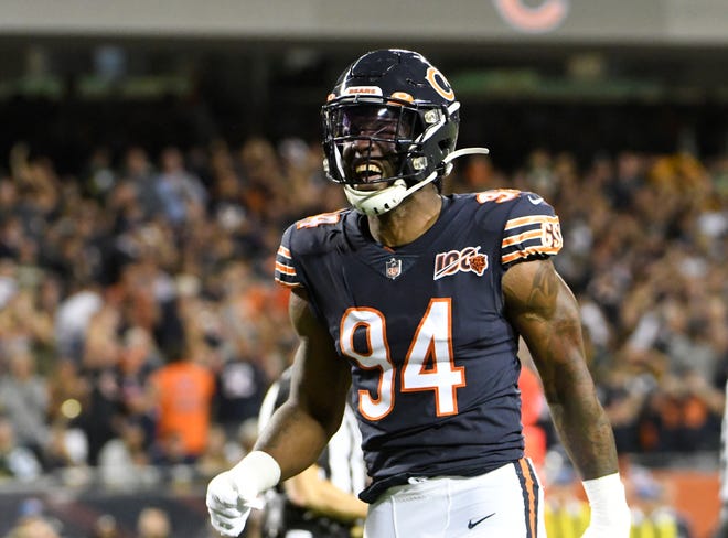 Chicago Bears linebacker Leonard Floyd reacts after sacking Green Bay Packers quarterback Aaron Rodgers during the first half Thursday, Sept. 5, 2019, in Chicago. Floyd appears to be primed for a breakout season. [DAVID BANKS/THE ASSOCIATED PRESS]