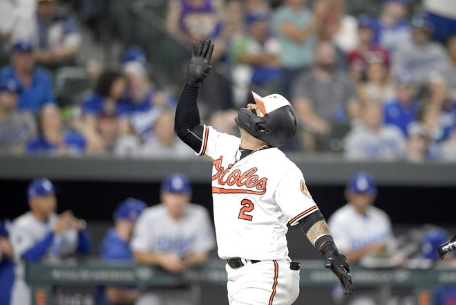 Baltimore Oriole Jonathan Villar celebrates his three-run home run during the seventh inning of Thursday's game against the Los Angeles Dodgers in Baltimore. Villar connected for the 6,106th homer in the majors this season. That topped the mark of 6,105 set in 2017. 

[Nick Wass / Associated Press]