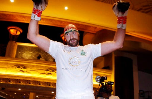 Tyson Fury attends an open workout Tuesday, Sept. 10, 2019, in Las Vegas. Fury is scheduled to face Otto Wallin in a heavyweight boxing match Saturday. (AP Photo/Isaac Brekken)