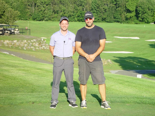 Black Bear director of golf Ryan Delaney, left, stands with 2019 Sussex County Long Drive overall champion Rob Mack during the event on Aug. 30 at Black Bear Golf Club in Franklin. [Photo Courtesy of John Whiting/Golf Event Photos]