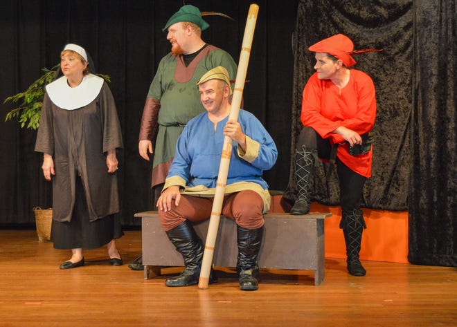Denise Laughlin, Devin Phillis, John Basinger and Danielle Lang, from left, rehearse a scene from R-ACT Theatre's new murder-mystery comedy "Murder and Merry Men." [Submitted]