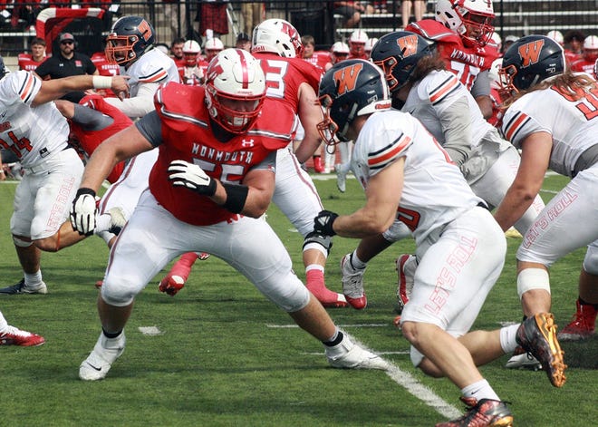 Monmouth College senior offensive lineman Joe Krall gets ready to block a Wheaton College defender in last Saturday's game at April Zorn Memorial Stadium in Monmouth. [Carly Bergerhouse/Monmouth College]