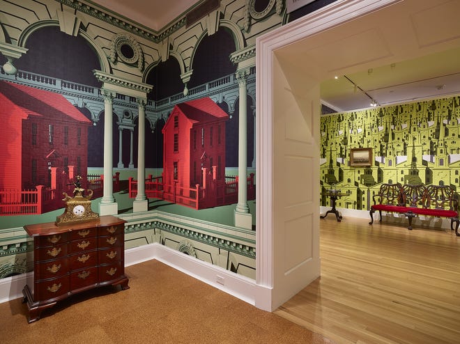 Installation view of the "Raid the Icebox Now with Pablo Bronstein: Historical Rhode Island Decor" exhibition, at the RISD Museum through July 28, 2020. The show commemorates the 50th anniversary of a 1969 show curated by Andy Warhol. [Courtesy of the RISD Museum]