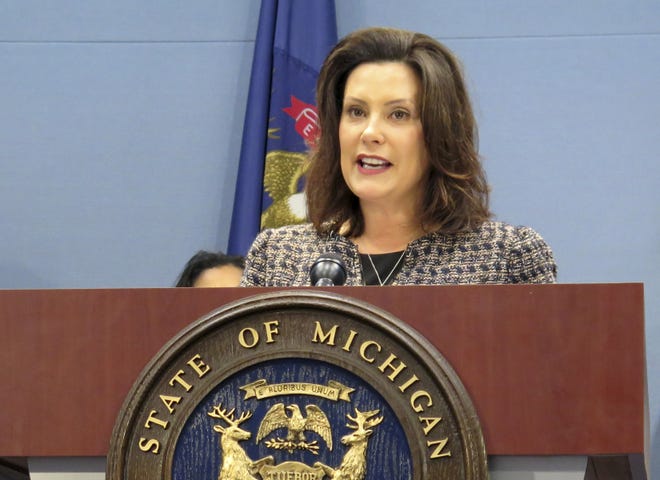 FILE - In this June 26, 2019 file photo, Michigan Gov. Gretchen Whitmer speaks about new lead testing rules for drinking water at the Romney Building in Lansing, Mich. Whitmer and Republican legislative leaders announced Monday, Sept. 9 that they will work to enact a state budget without including a long-term funding plan to fix MichiganþÄôs deteriorating roads. The agreement should forestall the possibility of an Oct. 1 partial government shutdown. But it also strips the first-year governor of leverage as she seeks a nearly $2 billion influx of new spending on road and bridge construction in a state that ranks second to last nationally in per-capita road spending. (AP Photo/David Eggert, File)
