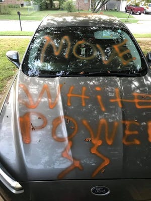 Fort Smith police are investigating a "criminal mischief incident" with racist vandalism that was reported at 7:26 a.m. Thursday. Department spokesperson Aric Mitchell said photos shared on Facebook "appear to be" from the incident under investigation. [COURTESY FACEBOOK]