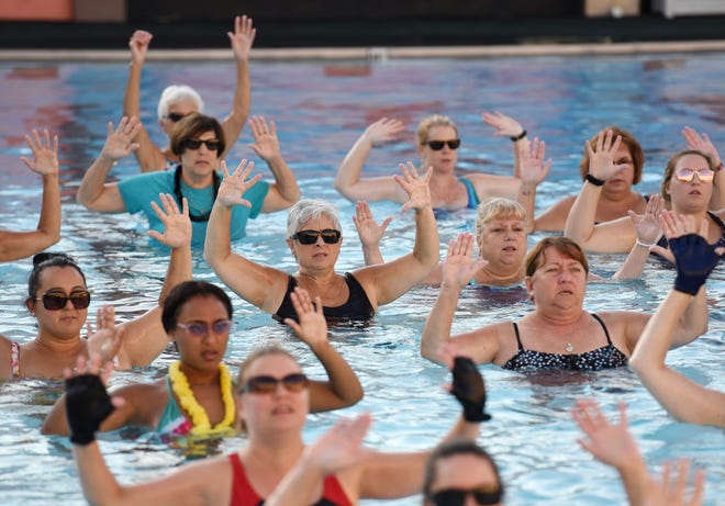 Approximately 30 women of varying ages participated Tuesday evening in an Aqua Zumba class at Sunrise Pool at New Brighton High School. The class is offered three times a week. No registration is required. People can come as time and schedules permit. [Sally Maxson/For BCT]