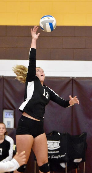 Cheboygan's Angie Swiderek goes for a kill during a volleyball tournament at Pellston in August. Swiderek led the offense with her hitting on Tuesday against Boyne City. File photo