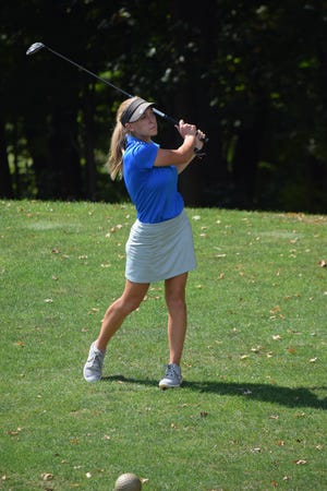 Buckeye Trail's Rylie Smith keeps a close eye on her shot during Thursday's OVAC 3A Golf Championships at Crispin Golf Course in Wheeling.