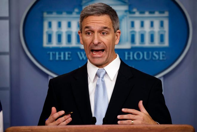 Acting Director of United States Citizenship and Immigration Services Ken Cuccinelli speaks during a briefing last month at the White House. Cuccinelli defended the effort to effectively end asylum at the U.S.-Mexico border for nearly all migrants, saying Friday it was necessary to drive down a massive backlog of immigration cases.
