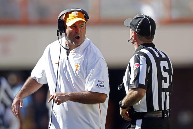 Tennessee head coach Jeremy Pruitt yells at an official during hte Volunteers' season-opening loss to Georgia State. [AP Photo/Wade Payne]