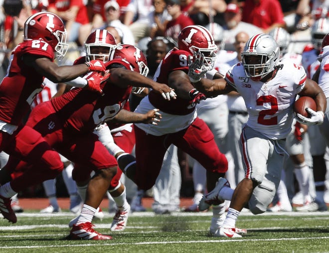 Ohio State running back J.K. Dobbins races downfield on a 26-yard touchdown during the second quarter againt Indiana on Saturday. Dobbins finished with 193 yards on 22 carries. [Joshua A. Bickel/Dispatch]