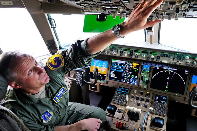 Lt. Col. Marc Zubricki, 157th Air Refueling Wing KC-46A Pegasus pilot, explains the upgrades to the navigation, communications and aeronautics systems in the flight deck.
[Rich Beauchesne/Seacoastonline]