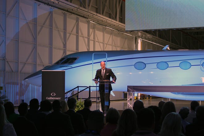 GulfStream President Mark Burns, gives his remarks at the opening of the new Gulfstream East Campus on Friday. The new service center sits on 24 acres on the former site of the old terminal building at Savannah/Hilton Head International Airport . 

 [Margarita Bourke/ForSavannahNow.com]