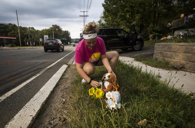 Byram resident Alexandra Zeich, 15, adds to a small memorial on the side of Route 206 at the site where a small child was struck by passing truck Monday in Stanhope. [Photo by Daniel Freel/New Jersey Herald (NJH)]