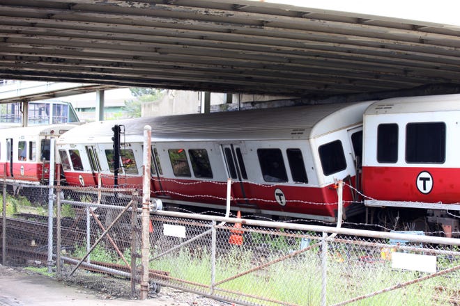 A Red Line train derailed at the JFK/UMass station on Tuesday, June 11, 2019. (Joe Difazio/The Patriot Ledger)