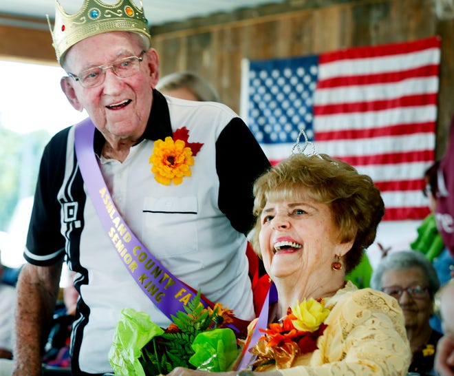 McMullen Assisted Care residents Rosanne Dickson and Ernie Motz are crowned the senior queen and king of the Ashland County Fair on Tuesday.