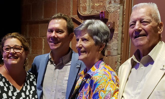 Tybee's current Mayor Jason Buelterman (second from left) and his wife, Jody, alongside former Tybee Mayor Walter Parker and his wife, Mary Ann. [Photo by Marianne Heimes]
