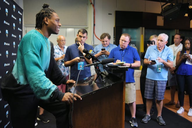 Jacksonville Jaguars cornerback Jalen Ramsey, far left, holds a press conference with the media Tuesday at TIAA Bank Field in Jacksonville, Florida. [BOB SELF/FLORIDA TIMES-UNION]