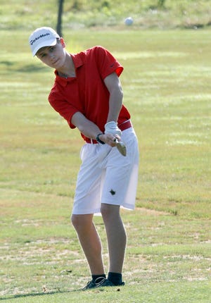 New London's Sean Armold hits a shot during the Simonson Invitational on Aug. 8 at Brookside Golf Course.