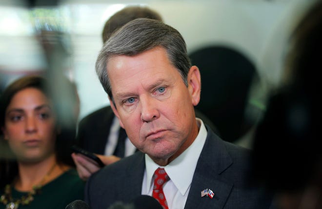 FILE - In this Wednesday, Aug. 29, 2018, file photo, Georgia Secretary of State Brian Kemp addresses the media at a news conference at his Atlanta headquarters. Kemp will soon get to appoint a replacement for three-term U.S. Sen. Johnny Isakson, who announced that he’s stepping down in December 2019 due to health issues. (Bob Andres/Atlanta Journal-Constitution via AP, File)
