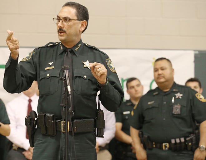 Marion County Sheriff Billy Woods speaks at special event after a shooting at Forest High School in 2018. Woods told the School Board that he no longer trusts the School District's police force designation. [Ocala Star-Banner File]