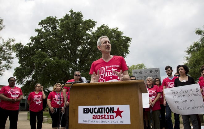 Ken Zarifis, president of Education Austin, speaks during a news conference outside of Travis High School to demand raises for all employees of the school district on May 14.  Zarifis addressed news media again Friday about the school district police's seizure of his cellphone. [ANA RAMIREZ/AMERICAN-STATESMAN]