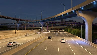 This rendering shows what Interstate 4 will look like when the Ultimate project is complete, with two express toll lanes (left) in addition to the four standard lanes in both directions. Plans to bring the two express toll lanes into Volusia County are being reconsidered by state officials. [Florida Department of Transportation]