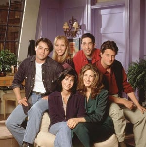 The cast of NBC’s “Friends.” Pictured, clockwise from left: Matt LeBlanc, Lisa Kudrow, David Schwimmer, Matthew Perry, Jennifer Aniston and Courtney Cox Arquette. [NBC]