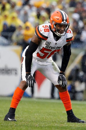 FILE - In this Oct. 28, 2018, file photo, Cleveland Browns outside linebacker Christian Kirksey is shown during an NFL football game against the Pittsburgh Steelers, in Pittsburgh. The Cleveland Browns could be missing several starters Sunday night when they face the defending NFC champion Los Angeles Rams. Tight end David Njoku (wrist), linebacker Christian Kirksey (chest), right tackle Chris Hubbard (foot) and safeties Damarious Randall (concussion) and Morgan Burnett (leg) missed practice Thursday, Sept. 19, 2019. (AP PhotoWinslow Townson, File)