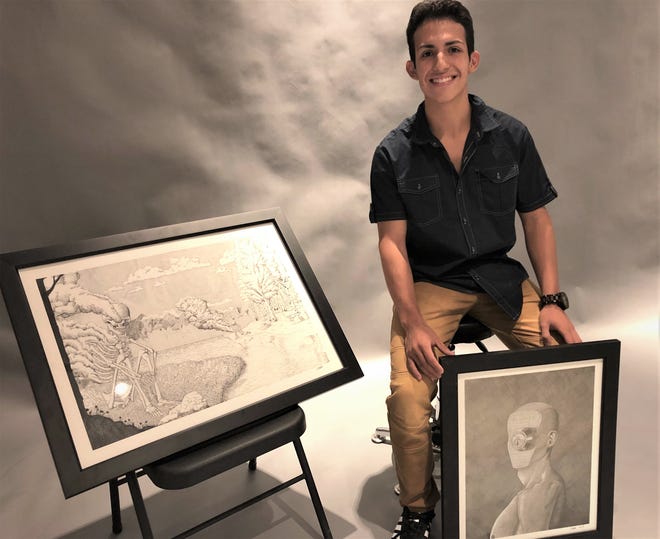 Diego Bueno shows two of his award-winning art pieces. To the left is "Remorse" and to the right is "Locked Away." [CHIEFTAIN PHOTO/ANTHONY A. MESTAS]
