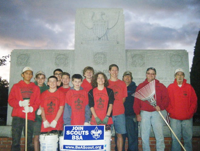 Middleboro Boy Scout Troop 64 volunteered their time to do some clean up work around the Veteran's Memorial Park on on Sept. 18. The Troop is sponsored by Middleborough American Legion Post 64. From left to right, from row, are Tylor Heidke, Kurt Green, Ross Middleton, Jamie Baldwin; back row, Dante D'Alessandra, Trevor Peterson, Jack LeGrendre, Eric Baldwin, Mark DeNacola, Scout Master James Desmond and Assistant Scout Master Barry Schuster. [Submitted]