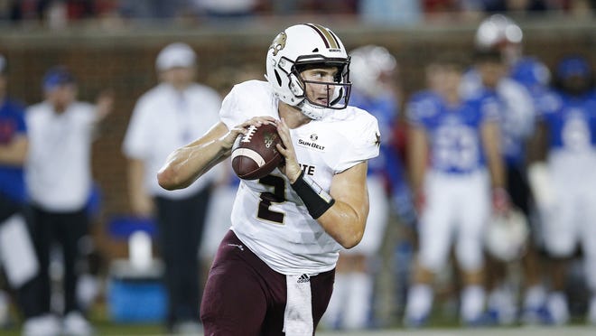 For the first time this season, Texas State quarterback Gresch Jensen didn't throw an interception in last week's overtime win over Georgia State. [BRANDON WADE/THE ASSOCIATED PRESS]