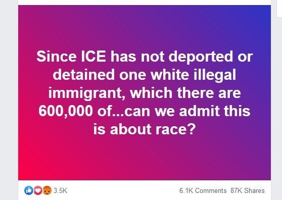 A Facebook post inaccurately claims that the U.S. hasn't detained or deported any white immigrants.