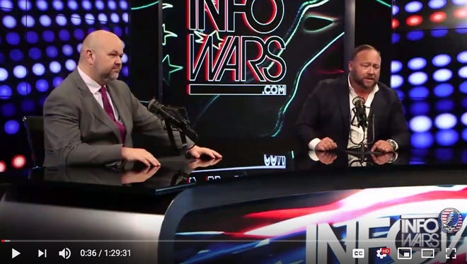 A screenshot of Los Angeles Attorney Robert Barnes, left, and Alex Jones talking on InfoWars on Feb. 23, 2019 about the cases brought by Sandy Hook parents against Jones. Barnes is Jones' new lead counsel defending the Austin broadcaster from defamation and intentional infliction of emotional distress claims brought in Texas by parents of children killed in the December 2012 Connecticut school shooting.
