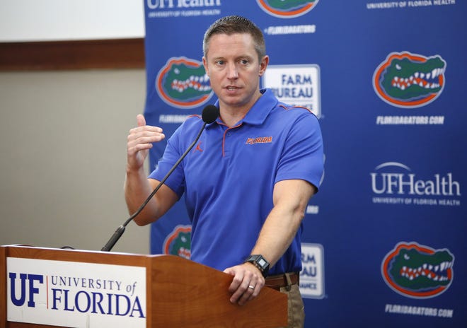 Florida men's basketball coach Mike White speaks at the team's media day. [Brad McClenny/Gainesville Sun]