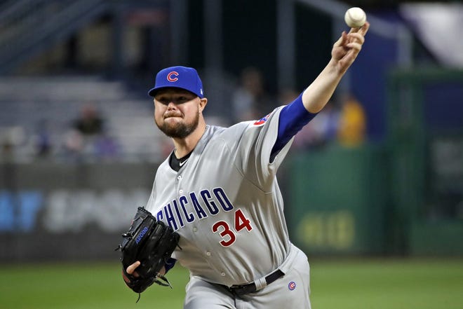 Chicago Cubs starting pitcher Jon Lester delivers during the first inning Wednesday, Sept. 25, 2019, against the Pittsburgh Pirates in Pittsburgh. The Cubs lost the game and were eliminated from the playoff race. [GENE J. PUSKAR/THE ASSOCIATED PRESS]