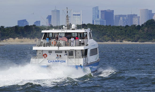 The MBTA commuter ferry Champion motors through rough seas in Hull Harbor en route to Boston on Sunday, August 25, 2019. Greg Derr/The Patriot Ledger