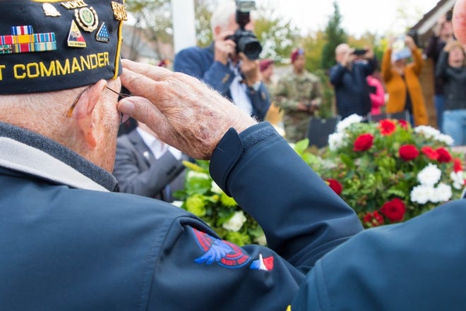 U.S. Army World War II veterans of the 501st Airborne Infantry Division salute the General Gavin Monument on Sept. 17 at Groesbeek, Netherlands. This year marks the 75th anniversary of Operation Market Garden in the Netherlands. Commemorations honoring the Allied soldiers who participated in the historic airborne operation which liberated several Dutch towns took place Sept. 14-22, 2019. [U.S. Army photo by Pfc. Michael Ybarra]
