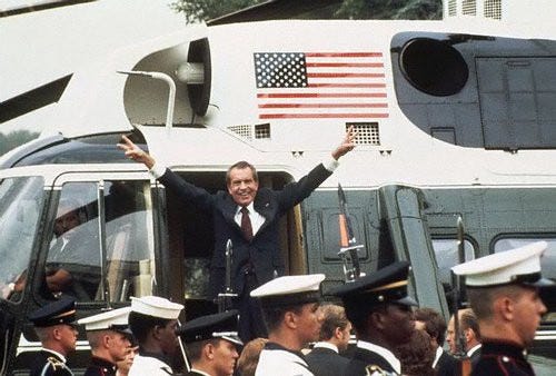 President Richard Nixon leaves the White House for the last time after resigning in August 1974.