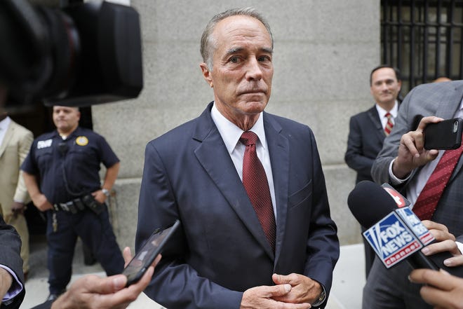 In this Sept. 12 file photo, U.S. Rep. Chris Collins, R-N.Y., speaks to reporters as he leaves the courthouse after a pretrial hearing in his insider-trading case in New York. Collins is resigning from his seat ahead of an expected guilty plea in an insider trading case in which he was accused of leaking confidential information during an urgent phone call made from a White House picnic. Collins submitted a resignation letter Monday, according to a spokesman for House Speaker Nancy Pelosi. It will take effect when Congress meets in a brief session Tuesday. [SETH WENIG/ASSOCIATED PRESS]