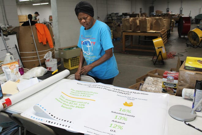 Antioch for Youth & Family Director Charolette Tidwell looks over statistics on the welfare of Fort Smith provided by the Urban Institute on Wednesday, July 3, 2019, at the Antioch headquarters. [TIMES RECORD FILE PHOTO]