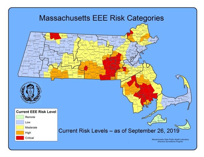 A critical or high risk of human EEE infection currently exists in 75 Massachusetts cities and towns, including 11 communities in western Middlesex County, according to the state risk map. [Courtesy map/Massachusetts Department of Public Health]
