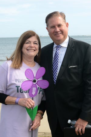 The Village at Proprietors Green’s walk team, including Retta Dwyer, is among the top fundraisers for the annual South Shore Walk to End Alzheimer’s. Pictured are Retta Dwyer and Rep. Mathew J. Muratore, R-Plymouth 1st District. [Courtesy Photo]