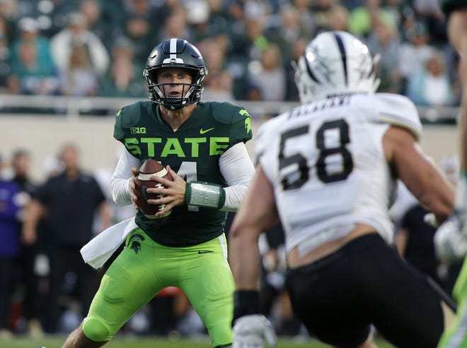 Michigan State's Brian Lewerke has thrown 10 touchdown passes through five games this season, good for second in the Big Ten. Last year, he had only eight for the entire season. [Al Goldis/The Associated Press]